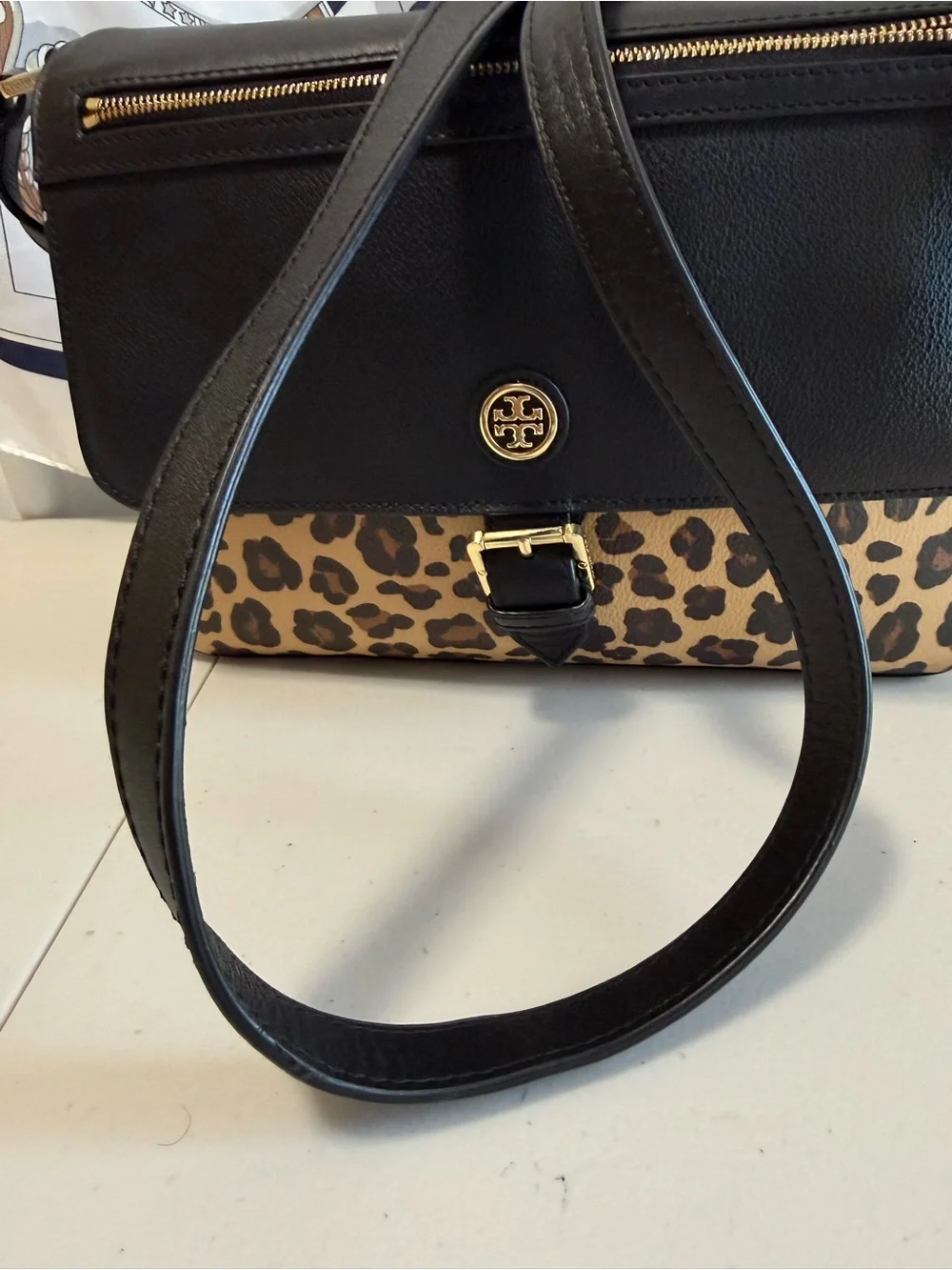 Tory Burch Black Leather Crossbody with Leopard Print Panel